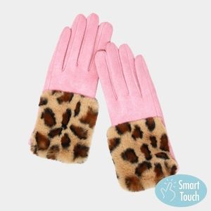 Pink Suede Leopard Print Smart Touch Fur Gloves Statement Accessories Trendy